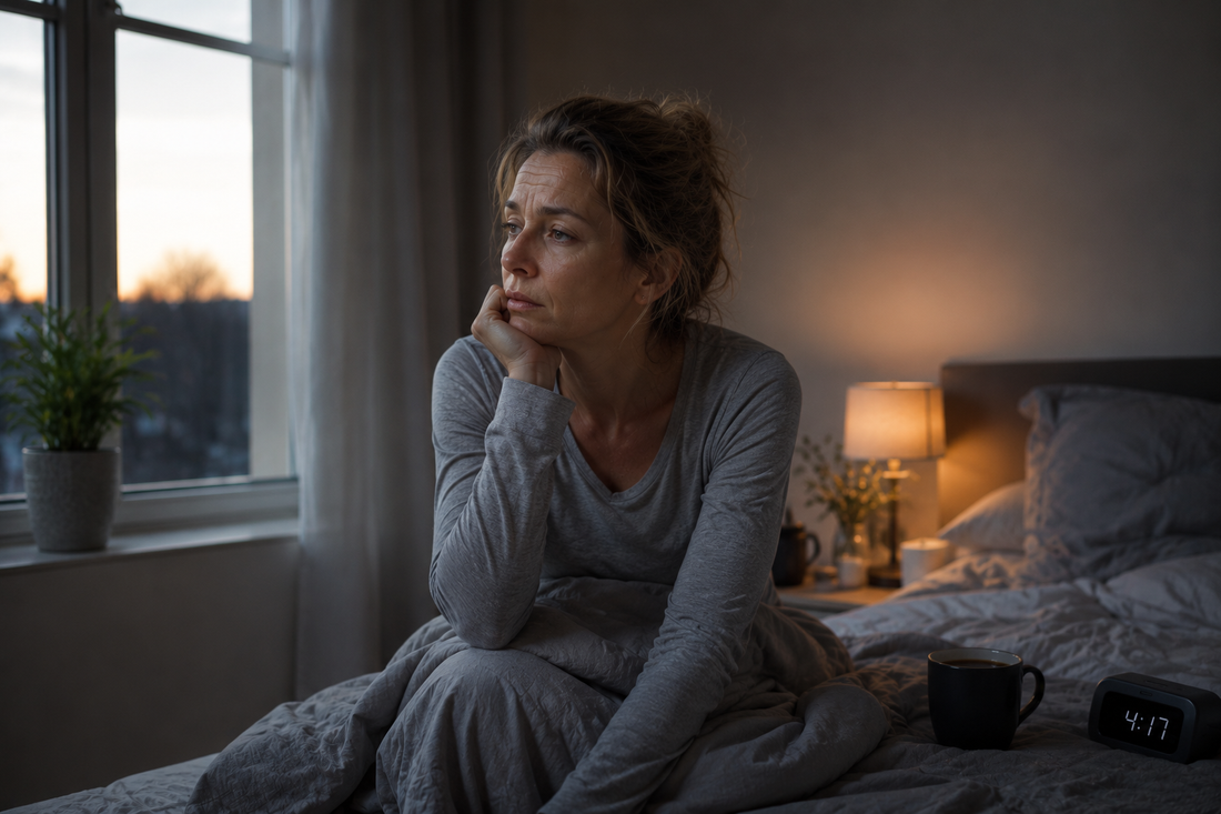 Kvinna i 40-årsåldern sitter trött på sängkanten och blickar ut genom fönstret efter en natt med dålig återhämtning.