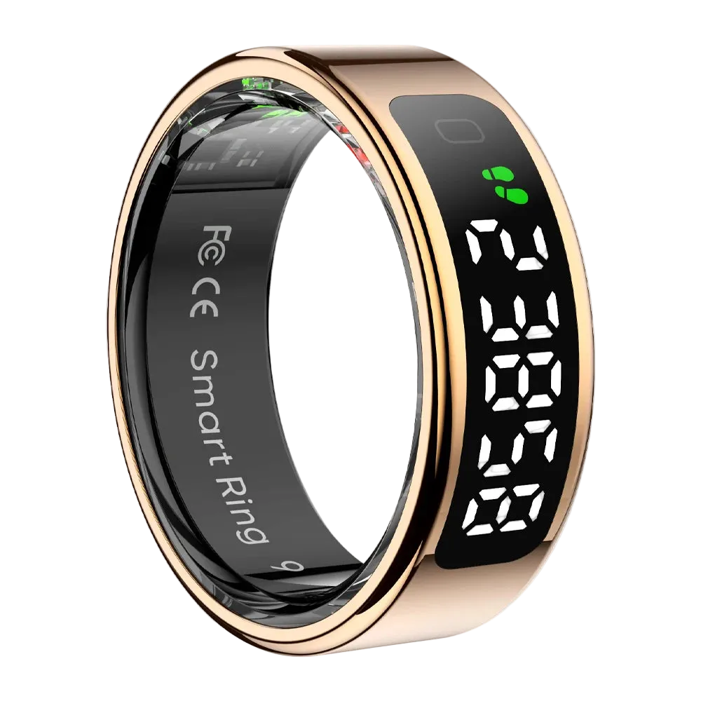Bild på smart ring i guldfärg och touchdisplay