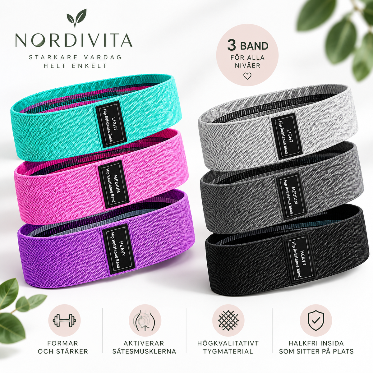 Träningsband med textilyta – 3-pack halkfritt motståndsband för säte, höfter och lår